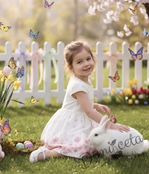 Детска ежедневна рокля в екрю и нежно лилав цвят с флорални мотиви