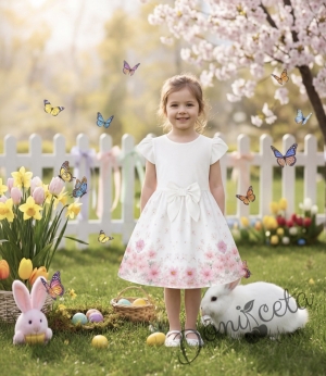 Детска ежедневна рокля в екрю и нежно лилав цвят с флорални мотиви