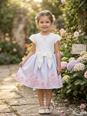 Детска ежедневна рокля в екрю и нежно лилав цвят с флорални мотиви