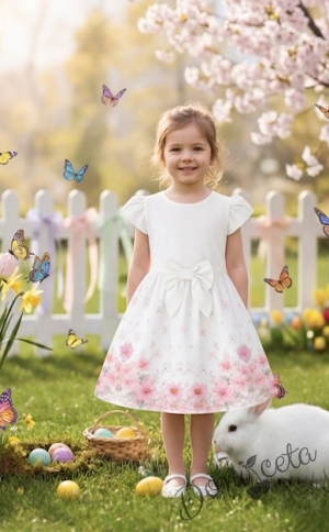 Детска ежедневна рокля в екрю и нежно лилав цвят с флорални мотиви