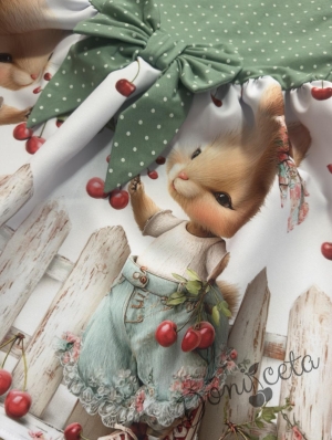 Детска ежедневна рокля с къс ръкав в зелено и бяло с зайчета