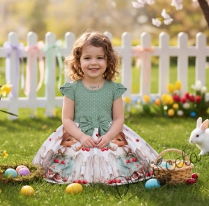 Детска ежедневна рокля с къс ръкав в зелено и бяло с зайчета