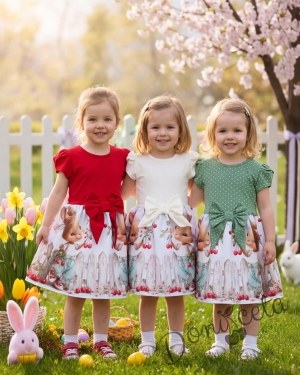 Детска ежедневна рокля в червено и бяло с зайчета