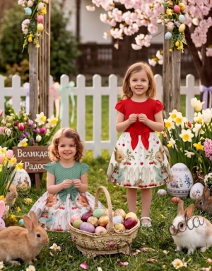 Детска ежедневна рокля в червено и бяло с зайчета