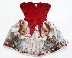 Детска ежедневна рокля в червено и бяло с зайчета