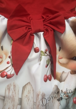 Детска ежедневна рокля в червено и бяло с зайчета