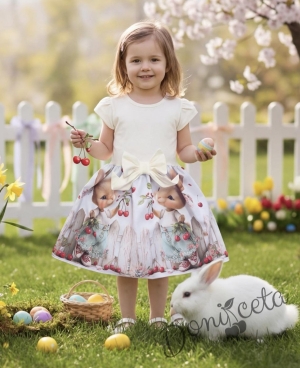 Детска ежедневна рокля с къс ръкав бяло с зайчета