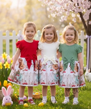 Детска ежедневна рокля с къс ръкав бяло с зайчета