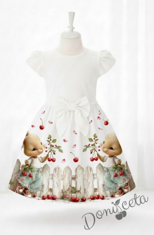 Детска ежедневна рокля с къс ръкав бяло с зайчета