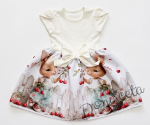 Детска ежедневна рокля с къс ръкав бяло с зайчета