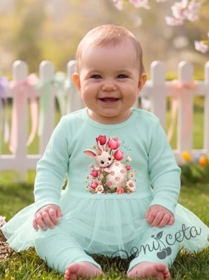 Бебешки комплект от две части от боди-рокля с дълъг ръкав и рипсен клин в тюркоаз с великденско зайче