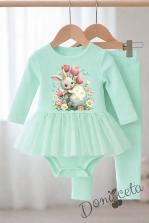 Бебешки комплект от две части от боди-рокля с дълъг ръкав и рипсен клин в тюркоаз с великденско зайче