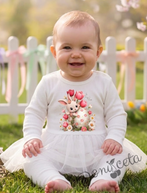 Бебешки комплект от две части от боди-рокля с дълъг ръкав и рипсен клин в екрю с великденско зайче
