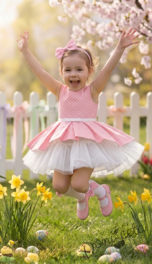 Детска памучна рокля Надежда в прасковено на точки с тюл в бяло