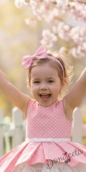 Детска памучна рокля Надежда в прасковено на точки с тюл в бяло