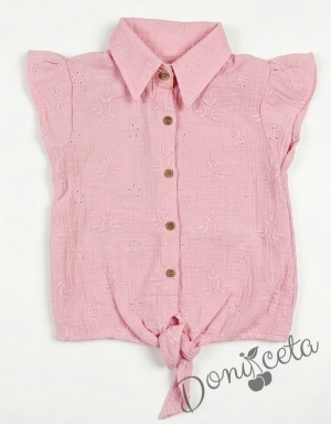 Комплект за момиче от две части розова риза с нежна бродерия и бежов панталон