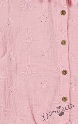 Комплект за момиче от две части розова риза с нежна бродерия и бежов панталон