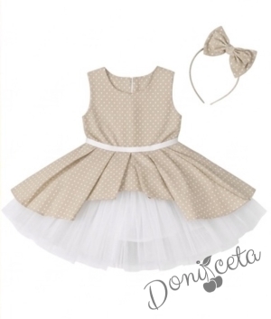 Детска памучна рокля Надежда в бежово на точки с тюл в бяло
