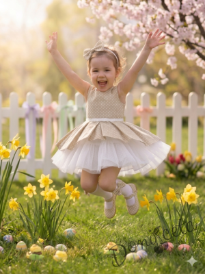 Комплект от 2 части- детска памучна рокля Надежда в бежово на точки с тюл, диадема за коса в синьо