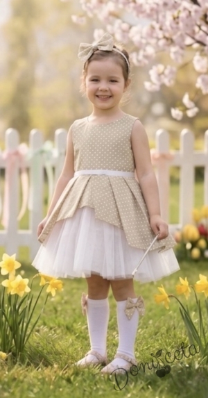 Комплект от 2 части- детска памучна рокля Надежда в бежово на точки с тюл, диадема за коса в синьо