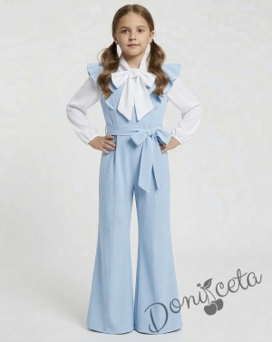 Елегантен детски дълъг гащеризон за момиче в светлосиньо с къдрички 