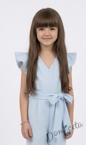 Елегантен детски дълъг гащеризон за момиче в светлосиньо с къдрички 