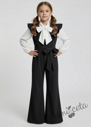 Комплект от елегантен детски дълъг гащеризон за момиче в черно с къдрички с блуза с панделка