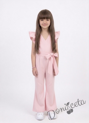 Елегантен детски дълъг гащеризон за момиче в розово с къдрички 