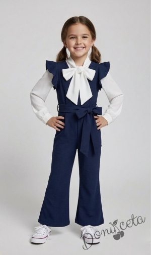 Комплект от елегантен детски дълъг гащеризон за момиче в тъмносиньо с къдрички с блуза с панделка