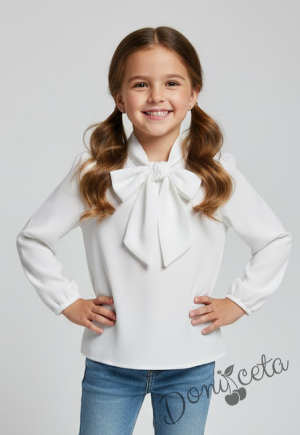 Комплект от елегантен детски дълъг гащеризон за момиче в тъмносиньо с къдрички с блуза с панделка