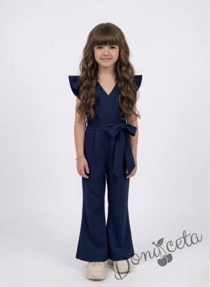 Комплект от елегантен детски дълъг гащеризон за момиче в тъмносиньо с къдрички с блуза с панделка