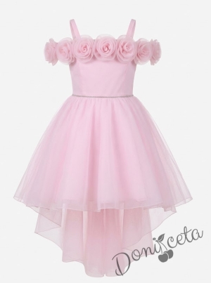 Официална детска рокля Вяра с деколте декорирано с обемни 3D рози в розово