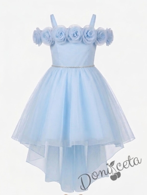Официална детска рокля Вяра с деколте декорирано с обемни 3D рози в светлосиньо