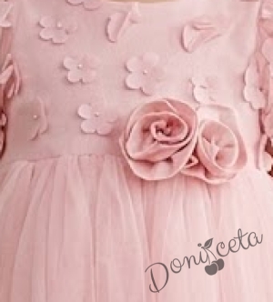 Нежна детска рокля с цветя и тюл в розово 