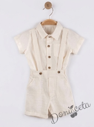 Комплект за момче в бежово от къси панталонки тип гащеризон и ризка с къс ръкав