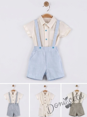 Комплект за момче в бежово от къси панталонки тип гащеризон и ризка с къс ръкав