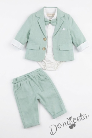 Бебешки комплект от 4 части за момче-сако в цвят мента, риза в бяло и панталон в мента с папийонка