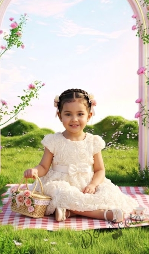 Елегантна рокля с релефна текстура с мотиви на рози в екрю