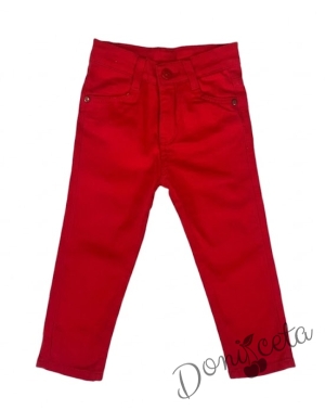 Комплект от 2 части - спортно-елегантен панталон в червено за момче и тениска с етно мотиви