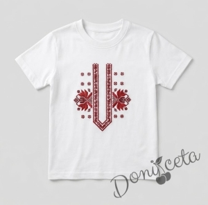 Комплект от 2 части - спортно-елегантен панталон в червено за момче и тениска с етно мотиви