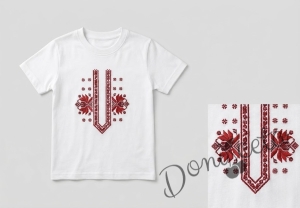 Комплект от 2 части - спортно-елегантен панталон в червено за момче и тениска с етно мотиви