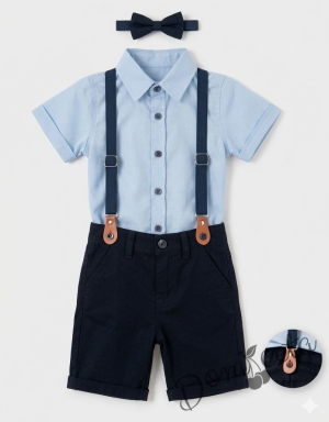 Комплект за момче от 4 части - риза в светлосин цвят с къс ръкав, къси панталони и папийонка в тъмносиньо и тиранти 
