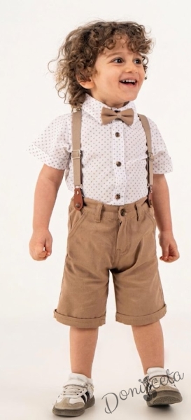Комплект за момче от 4 части - риза в бяло с бежови орнаменти с къс ръкав, къси панталони, папийонка и тиранти  в бежово