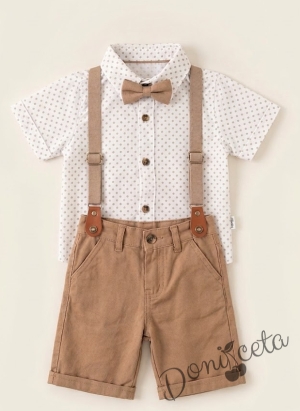 Комплект за момче от 4 части - риза в бяло с бежови орнаменти с къс ръкав, къси панталони, папийонка и тиранти  в бежово