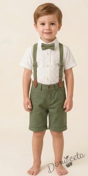 Комплект за момче от 4 части - риза в бяло с зелени орнаменти с къс ръкав, къси панталони, папийонка и тиранти  в зелено