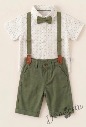 Комплект за момче от 4 части - риза в бяло с зелени орнаменти с къс ръкав, къси панталони, папийонка и тиранти  в зелено