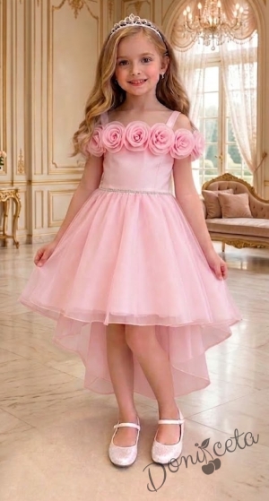 Официална детска рокля Вяра с деколте декорирано с обемни 3D рози в розово