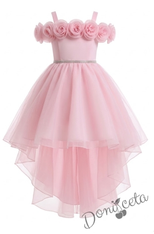 Официална детска рокля Вяра с деколте декорирано с обемни 3D рози в розово