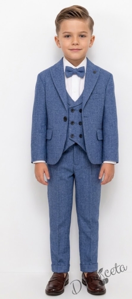 Официален детски костюм в синьо от 5 части- риза в бяло, сако, елек, панталон и папийонка  в синьо