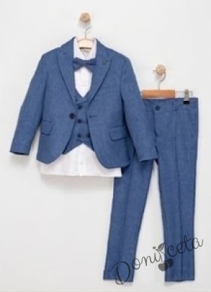 Официален детски костюм в синьо от 5 части- риза в бяло, сако, елек, панталон и папийонка  в синьо